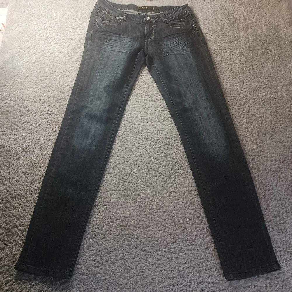 LA Idol USA‎ Jeans Sz 5 Skinny Fit Dark Wash Zip Pocket Bling READ